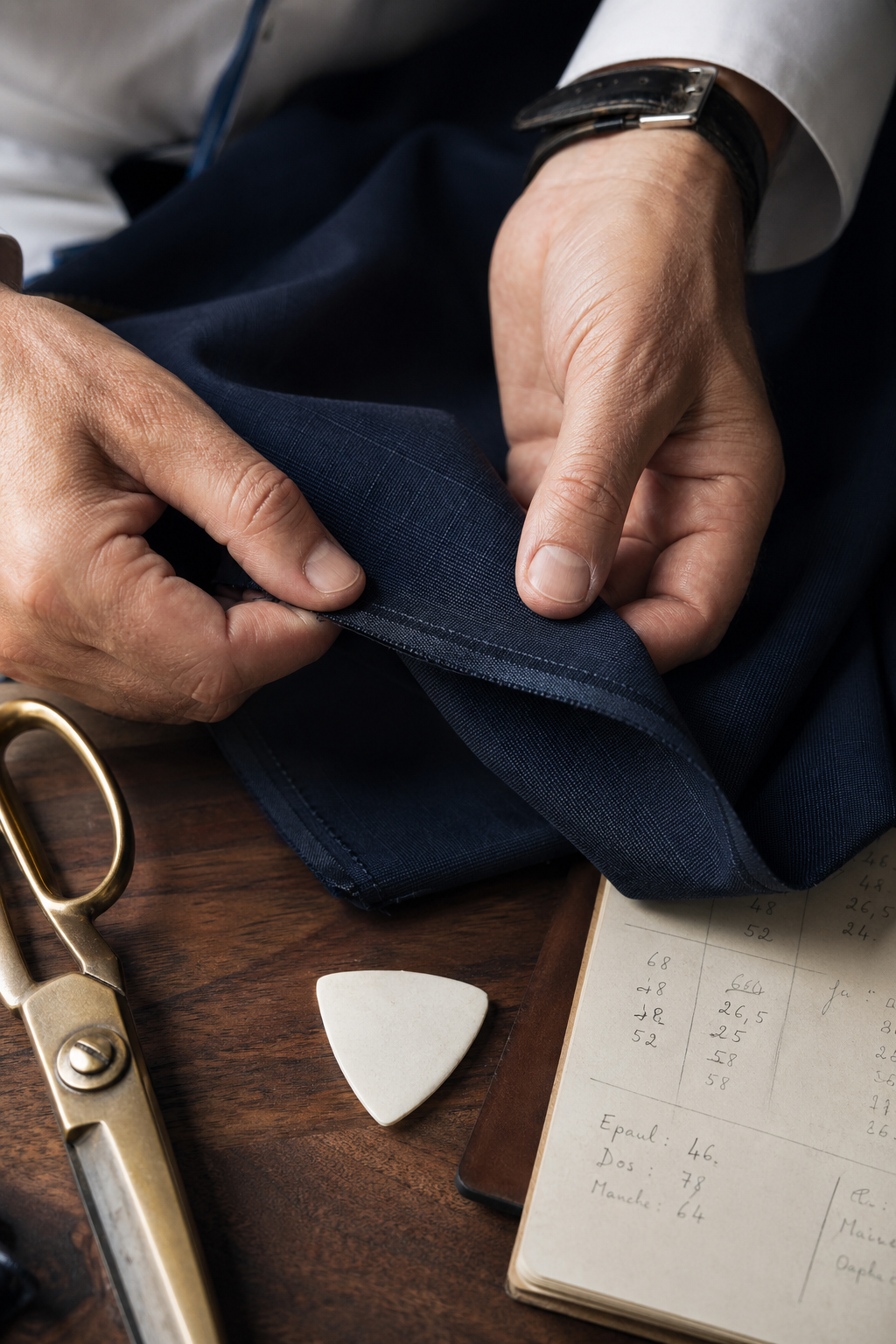 Détail finition costume sur mesure — Qu'est-ce qu'une tenue croisée premium — meilleur tenue croisee sur mesure
