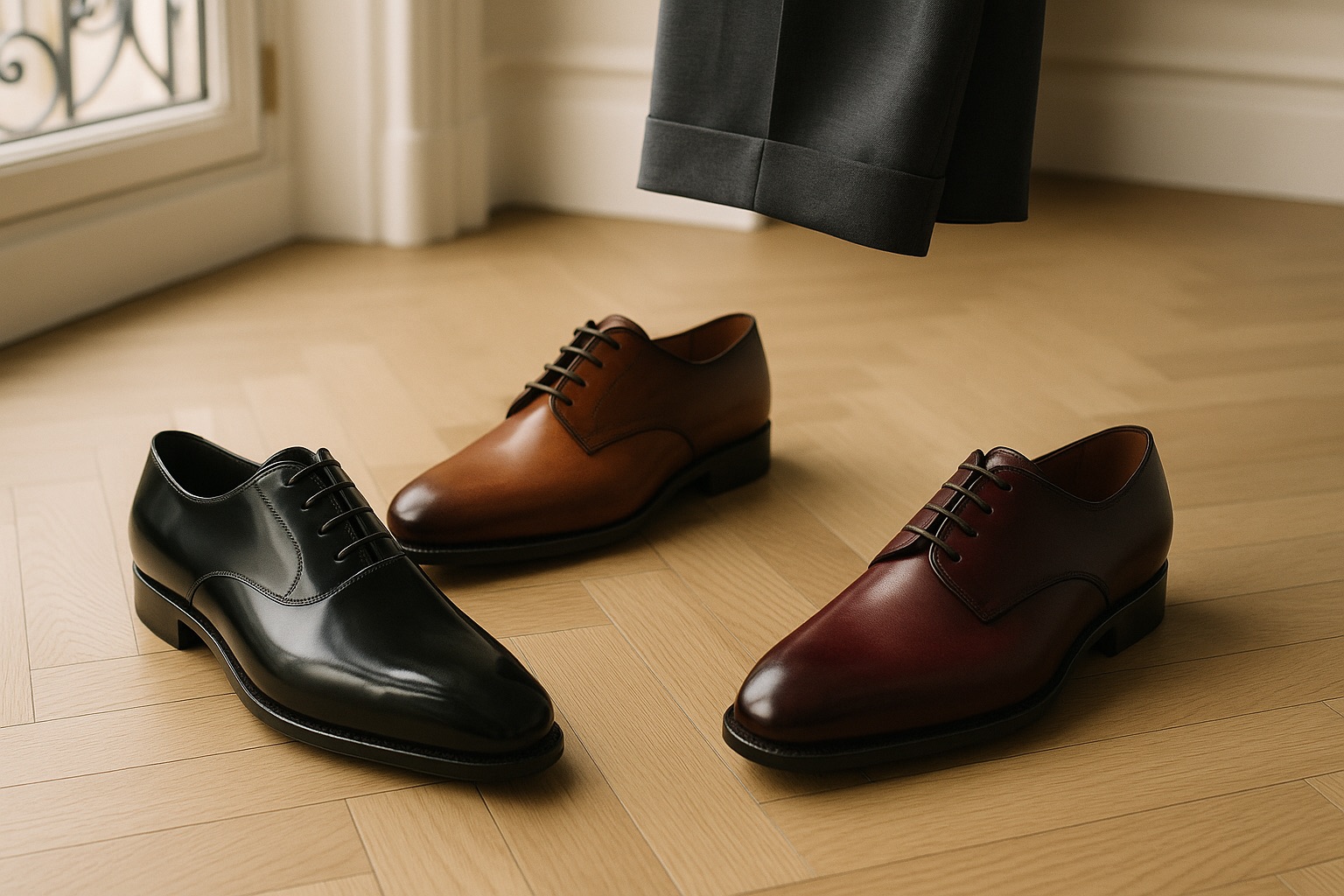 Chaussures avec un costume gris : noir marron bordeaux — guide Costume Privé Paris