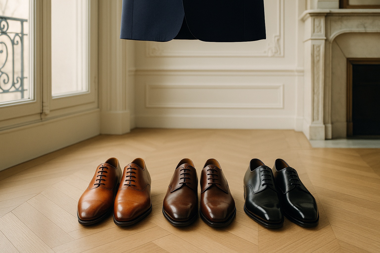 Chaussures avec un costume bleu marine : marron cognac noir — guide Costume Privé Paris