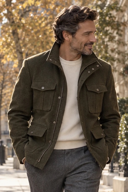 field jacket olive en laine sur mesure, col montant