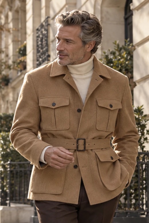 saharienne ceinturée camel sur mesure homme