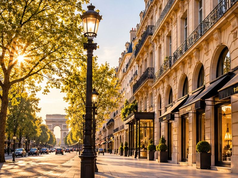 Façades haussmanniennes et boutiques d’une avenue du Triangle d’Or, l’Arc de Triomphe au loin