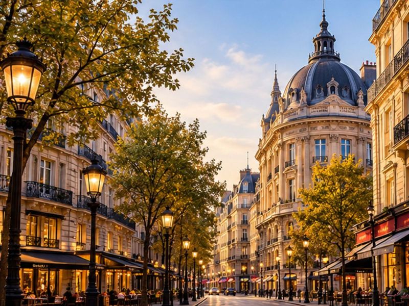 Immeubles haussmanniens et café sur un boulevard du quartier de l’Opéra