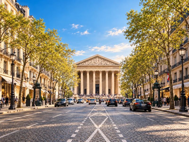 L’église de la Madeleine au bout d’une rue bordée de boutiques et d’immeubles haussmanniens