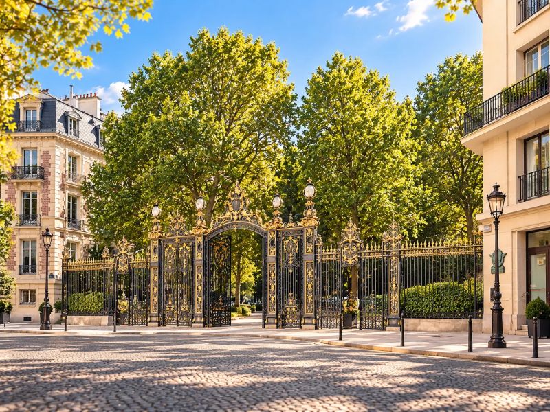Les grilles dorées du parc Monceau et les immeubles haussmanniens qui le bordent