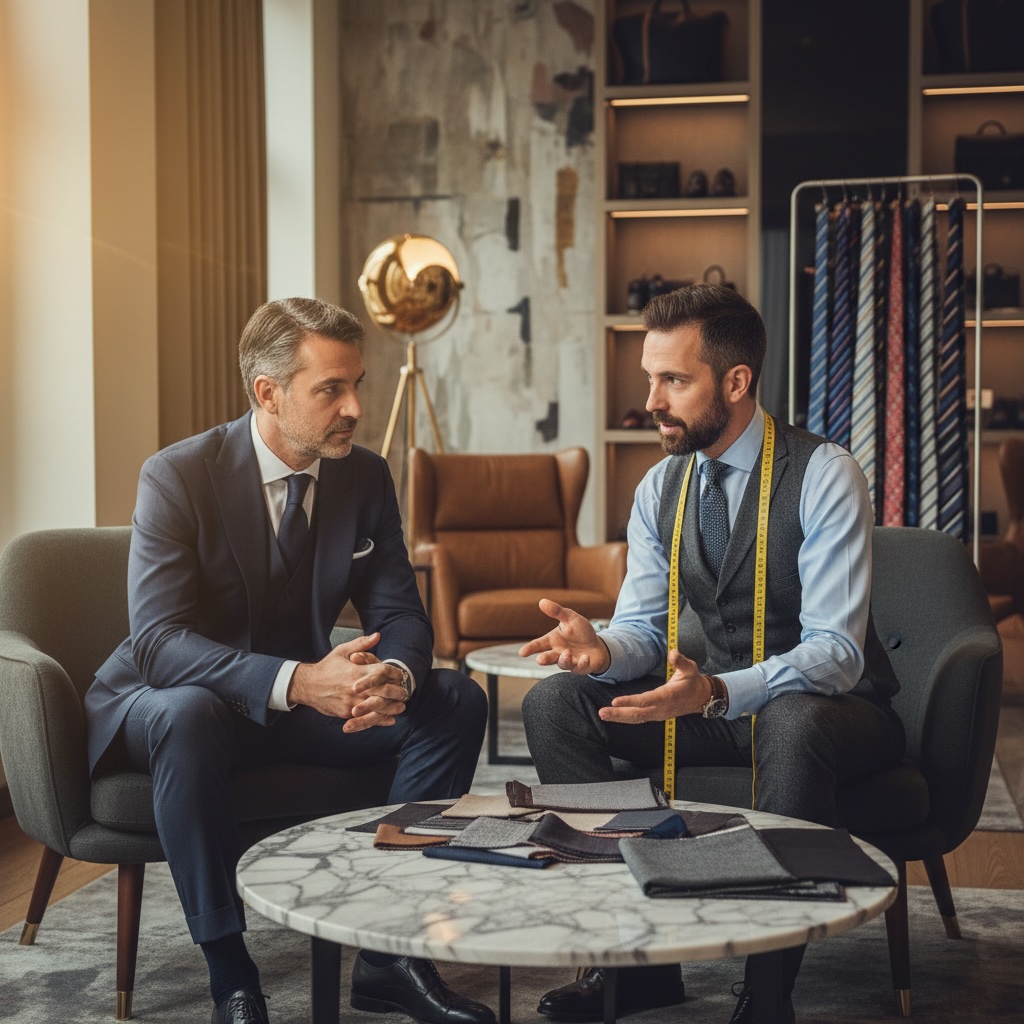 businessman choisit un costume sur mesure avec son tailleur costume privé paris