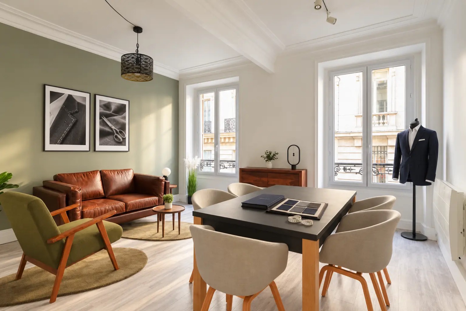 Le salon St Lazare : coin salon, table de sélection des tissus et veste sur mannequin