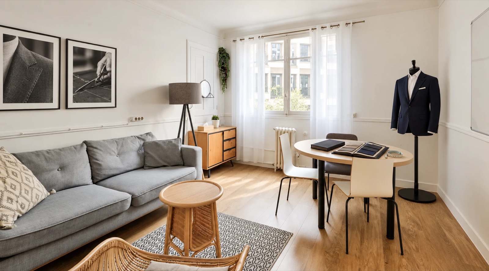 Le salon Maillot : coin salon, table de sélection des tissus et veste sur mannequin