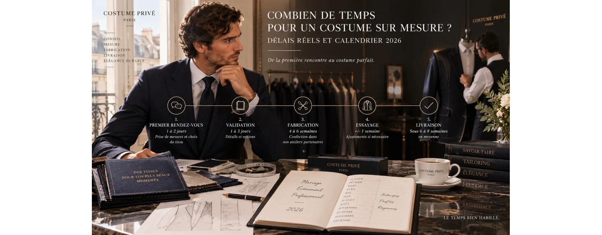 Combien de temps pour un costume sur mesure ? Délais réels et calendrier 2026