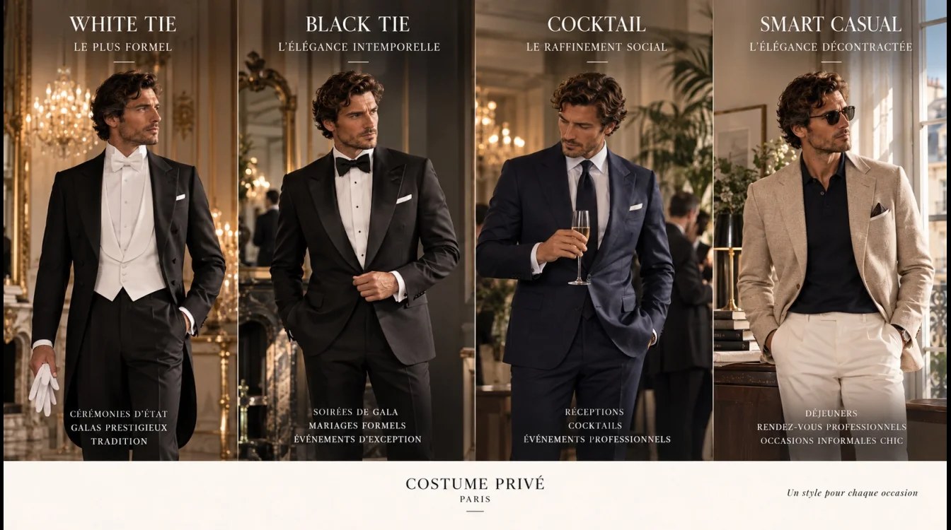 Black tie, white tie, cocktail, smart casual : le guide complet des dress codes formels pour homme