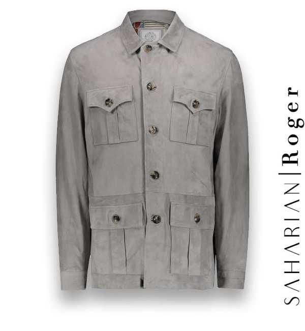 veste suède Saharienne gris clair Roger costume privé paris fabrication sur mesure Italie