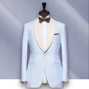 smoking bleu ciel col châle costume mariage sur mesure paris