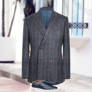 veste croisée été bleu denim rayures sur mesure paris