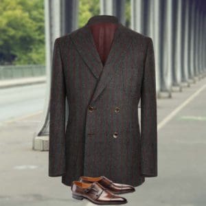 veste croisée gris rayures rouge sur mesure paris