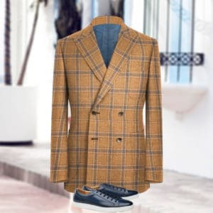 veste croisé orange carreaux bleu sur mesure tissu été Loro Piana tailleur Paris