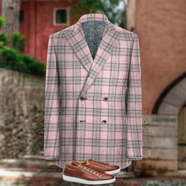 veste croisé rose carreaux gris sur mesure tissu été Loro Piana tailleur Paris