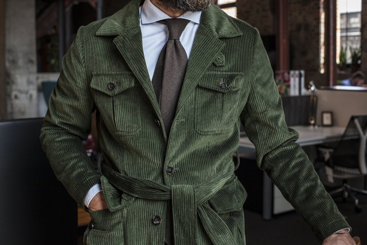 veste saharienne velours côtelé vert kaki sur mesure tailleur paris